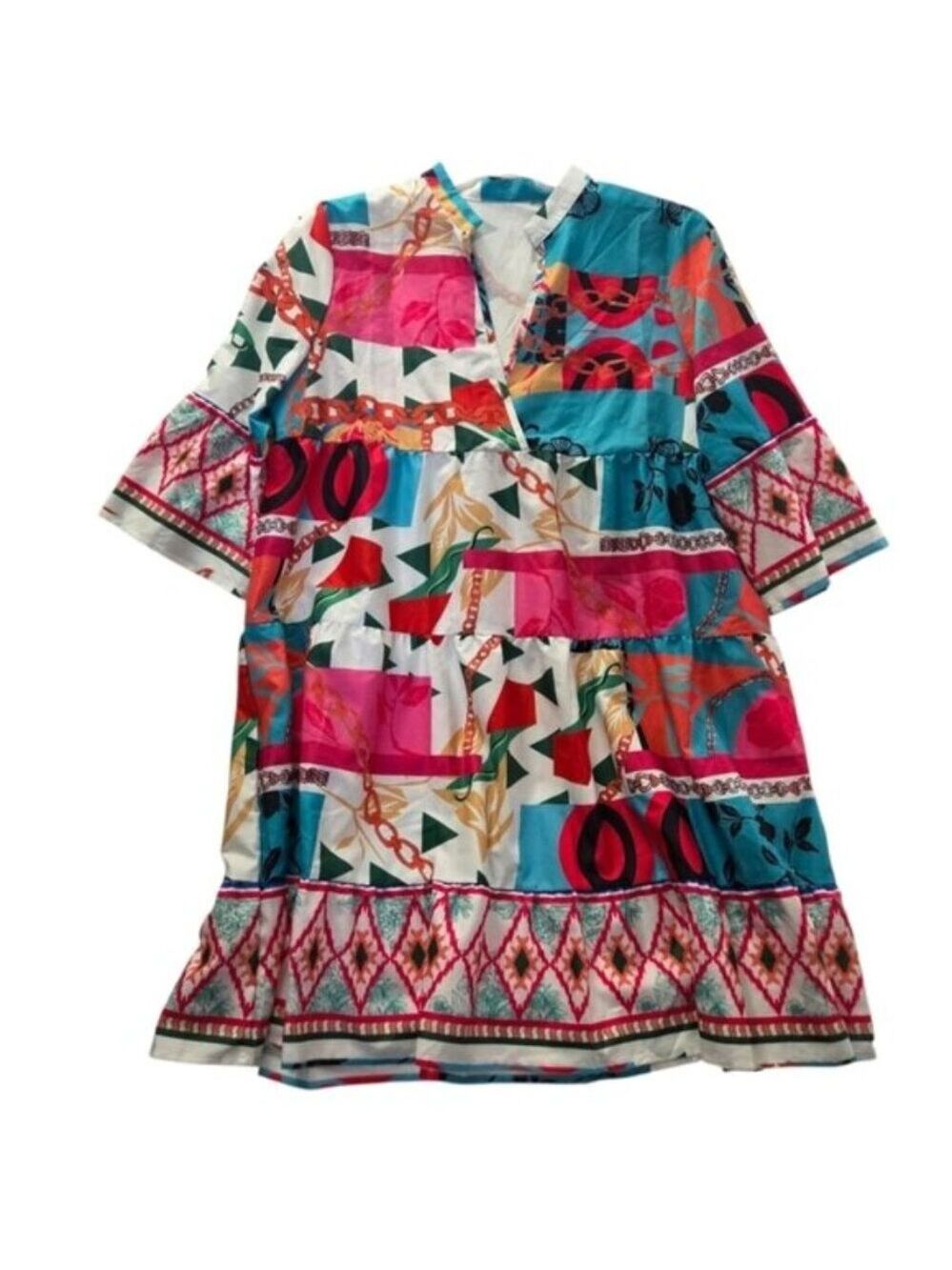 Boho Patchwork Multicolor Tiered Tunic Dress Large